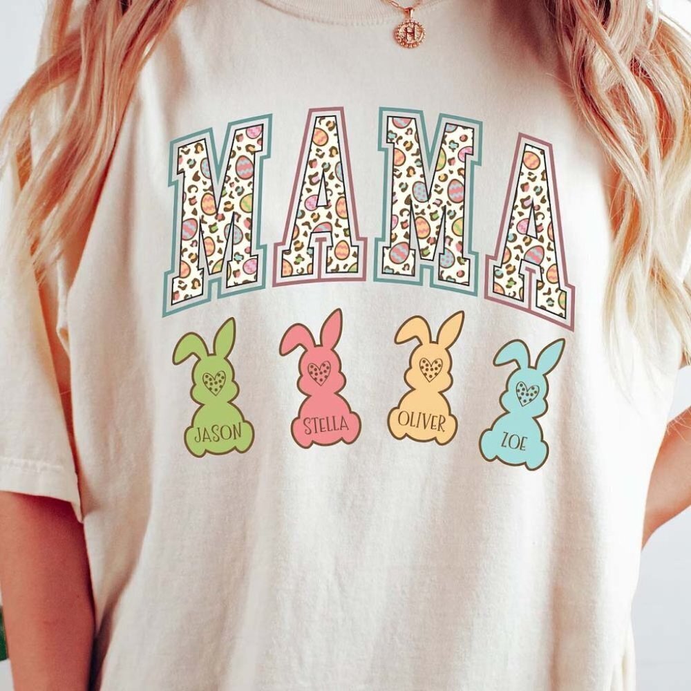 Personalized Easter Mama With Kids Names Happy Easter Retro T-Shirt